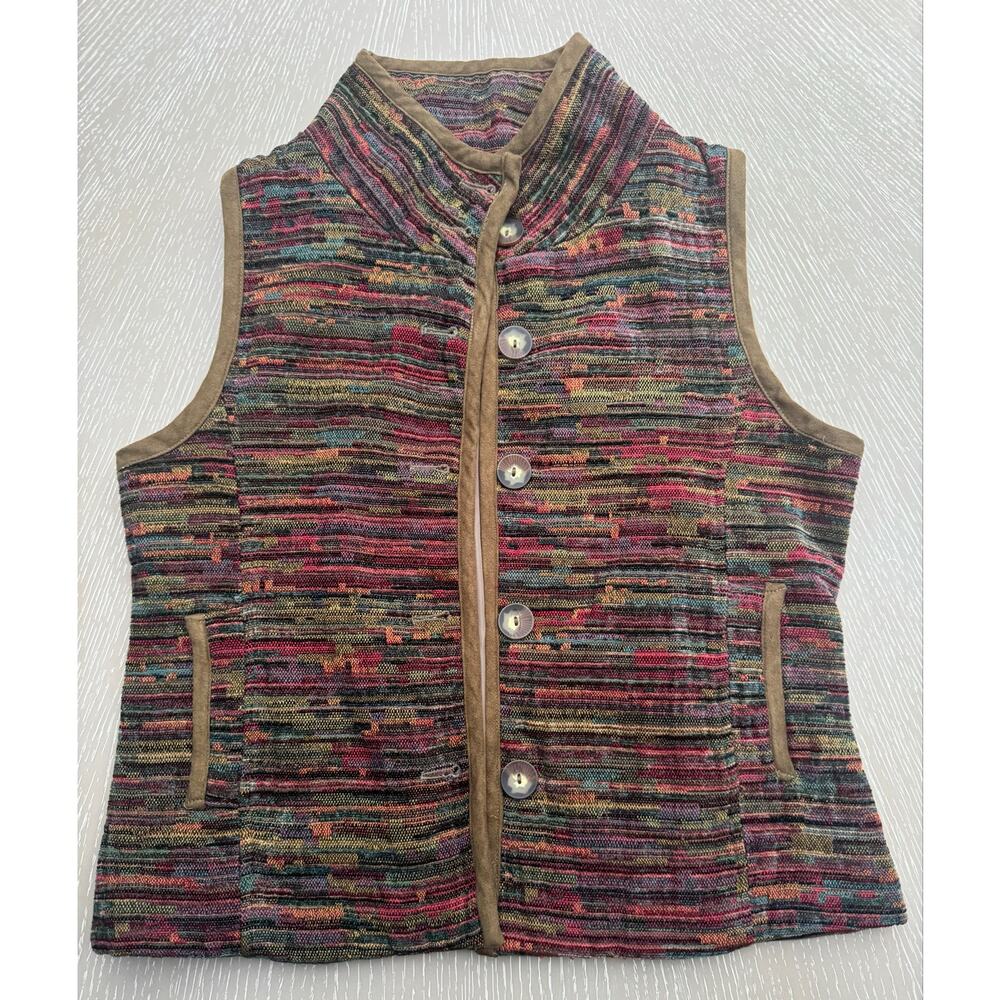 Christopher & Banks Womens Size L Multicolor Woven Tapestry Striped Button Vest